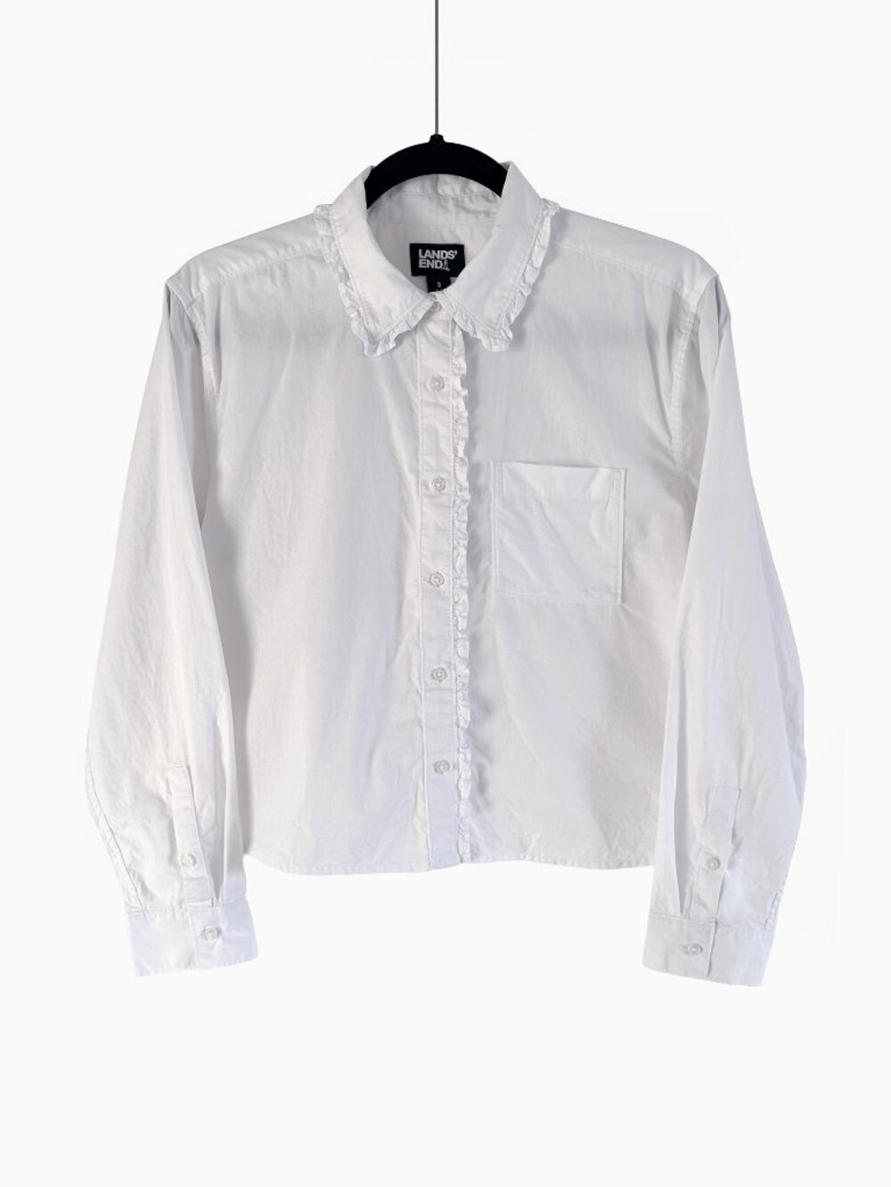 Lands End White Poplin Cotton Ruffle Trim Button Down Shirt Crop Blouse S Preppy